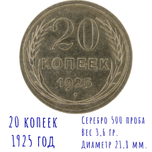 20 Копеек 1925 г  Серебряная монета СССР  