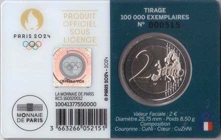 Франция 2 евро 2024 Летние Олимпийские игры в Париже A (синяя) BU / коллекционная монета