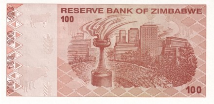 Зимбабве 100 долларов 2009 г. (Факел в Хараре) UNC  