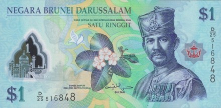 Бруней 1 ринггит 2013 г. /султан Брунея Хассанал Болкиах/ UNC пластик (с меткой для не зрячих)