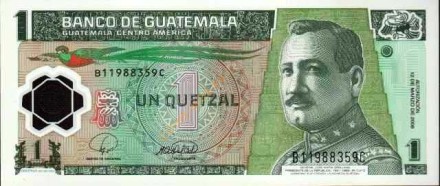 Гватемала 1 кетсаль 2008 г Генерал Хосе Мария Орельяна UNC пластиковая банкнота