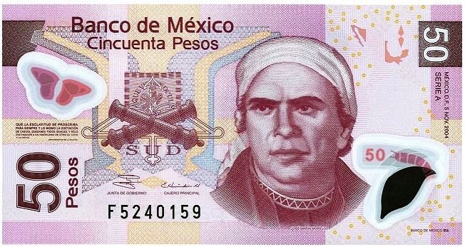 Мексика 50 песо 2004-08 г "портрет Хосе Марии Морелоса Павона"  UNC   Пластиковая