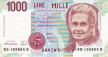 Италия 1000 лир 1990 г   /Монтессори Мария/  UNC тип подписи II