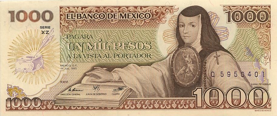 Мексика 1000 песо 1981-91 г "портрет Хуаны де Асбайе"  UNC