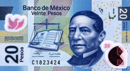 Мексика 20 песо 2006 г &quot;портрет Бенито Хуареса&quot;  UNC   Пластиковая 