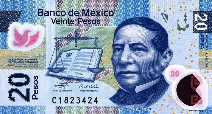 Мексика 20 песо 2006 г "портрет Бенито Хуареса"  UNC   Пластиковая 