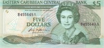 Восточные Карибы 5 долларов 1988-1993 г. (литер. А- Антигуа) UNC  Достаточно редкая!!