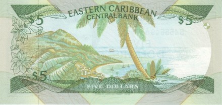 Восточные Карибы 5 долларов 1988-1993 г. (литер. А- Антигуа) UNC Достаточно редкая!!