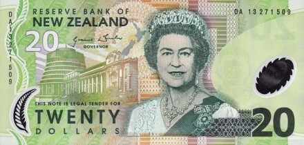 Новая Зеландия 20 долларов 1999 - 2013 г «Новозеландский сокол» UNC пластик
