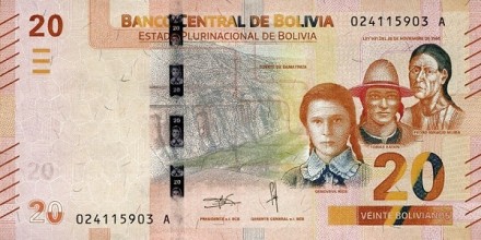 Боливия 20 боливиано 2018 г. Черный кайман UNC