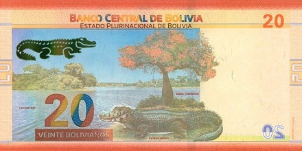 Боливия 20 боливиано 2018 г. Черный кайман UNC