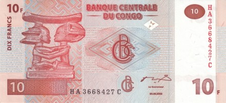 Конго 10 франков 2003 г /Деревянные маски любу/ UNC