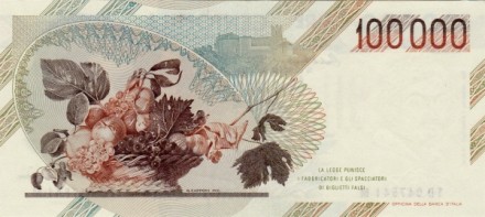 Италия 100000 лир 1983 Микеланджело Меризи де Караваджо. Корзина с фруктами UNC R!
