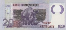 Мозамбик  20 метикал 2017 г. НОСОРОГ  UNC  пластик 