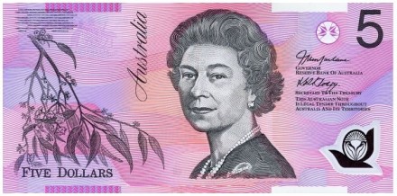 Австралия 5 долларов 2002-2006 г. UNC пластик