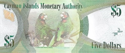 Каймановы острова 5 долларов 2014 г Каймановы попугаи UNC