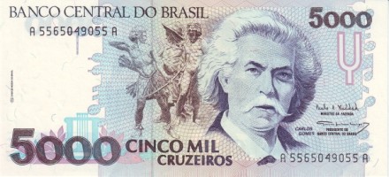 Бразилия 5000 крузейро 1990-93 г  Композитор Карлос Гомес  UNC 