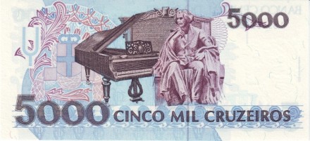Бразилия 5000 крузейро 1990-93 г  Композитор Карлос Гомес  UNC 