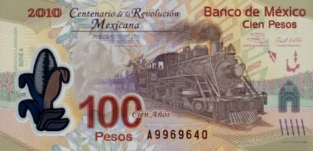 Мексика 100 песо 2010 г /Паровоз № 279 с революционерами/ UNC Пластик! Ошибка!!
