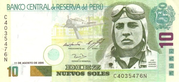Перу 10 новых солей 2005 г «Летчик Хосе Гонсалес и самолет Curtiss Hawk 75-A8» UNC
