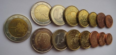 Набор из 15 евро-монет с пятнами, дефектами.