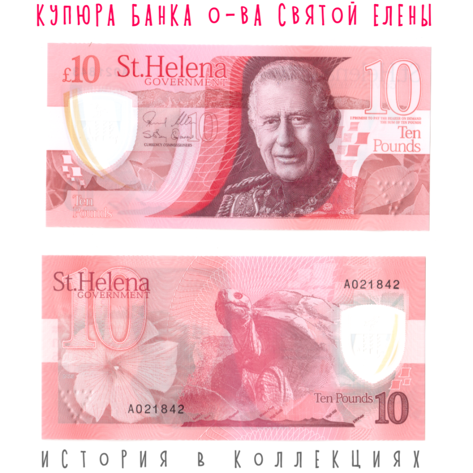 Остров Святой Елены 10 фунтов 2026 Черепаха "Джонатан" UNC / Пластиковая купюра (Карл III)