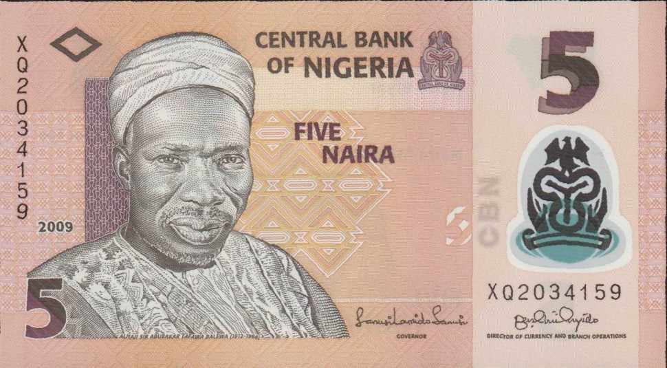 Нигерия 5 найра 2009 г.  /Сэр Абубакар Тафана Балева/  UNC пластиковая банкнота 