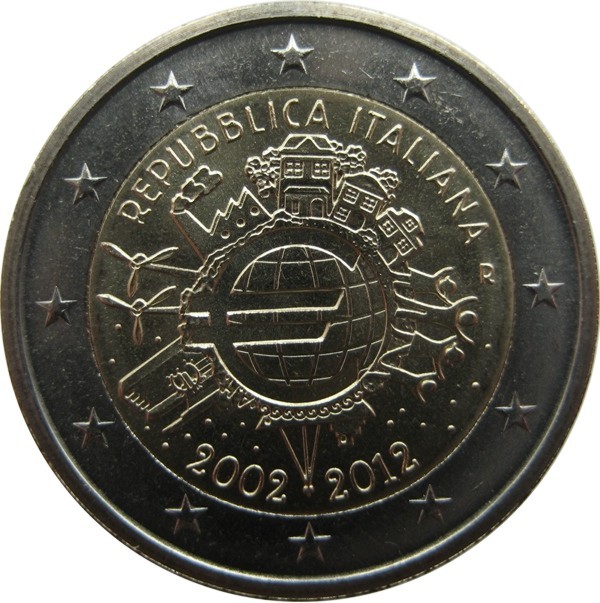 Италия 2 евро 2012 г "10 лет евро"