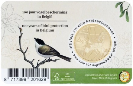 Бельгия 2,5 евро 2022 / Малиновка. Охрана птиц в коинкарте на французском