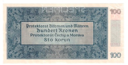 Чехия и Моравия 100 крон(корун) 1940 г. /Панорама Праги/ XF - aUNC Редкая! SPECIMEN