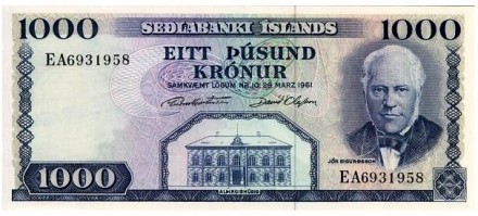 Исландия 1000 крон 1961 г. /портрет президента Джона Сигурдссона/ UNC
