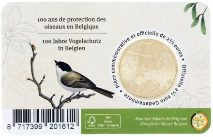 Бельгия 2,5 евро 2022 / Малиновка. Охрана птиц в коинкарте на голландском