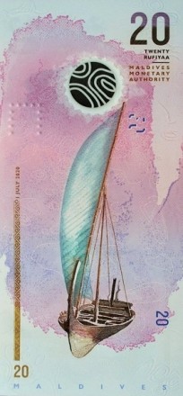 Мальдивы 20 руфий 2020 Рыбак с полосатым и желтоперым тунцом / UNC Полимерная