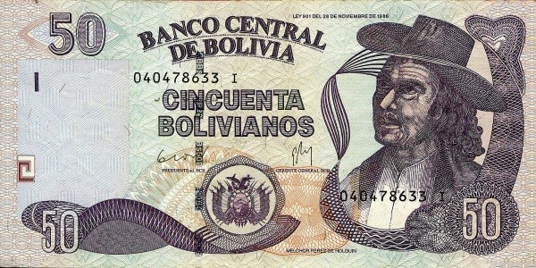 Боливия 50 боливиано 1986 г «Портрет Переса де Ольгуина» UNC  серия I