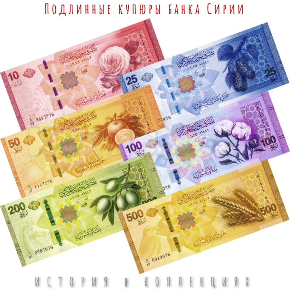 Сирия 500+200+100+50+25+10 фунтов 2025 Сельскохозяйственная продукция UNC Набор банкнот
