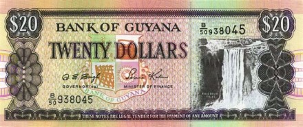 Гайана 20 долларов 1989-92 г  Водопад Кайетюр на Картофельной реке  UNC