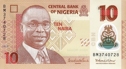 Нигерия 10 найра 2013 г «Альван Икоку»  UNC пластиковая банкнота