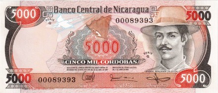 Никарагуа 5000 кордоба 1985 г «Генерал Бенхамин Селедон» UNC  серия G