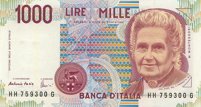 Италия 1000 лир 1990 г   /Монтессори Мария/  UNC