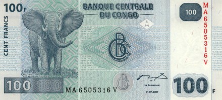 Конго 100 франков 2007 Слон UNC