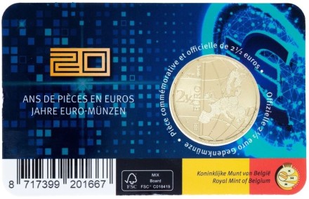 Бельгия 2,5 евро 2022 / 20 лет введения евро  в коинкарте на голландском