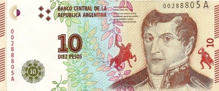 Аргентина 10 песо 2016 г (Хуан Азурди де Падилья и Мануэль Бельграно на лошадях) UNC