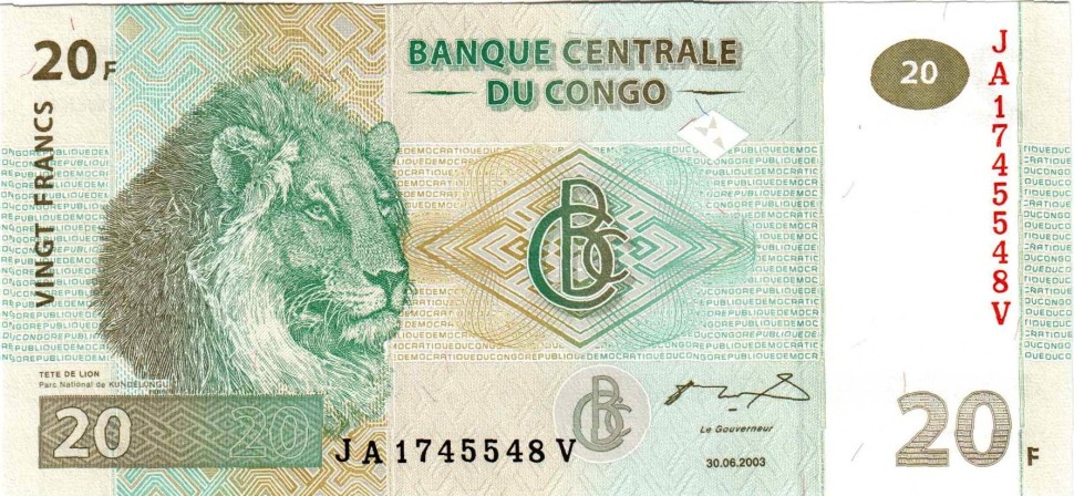 Конго 20 франков 2003 г Львиная семья  UNC 