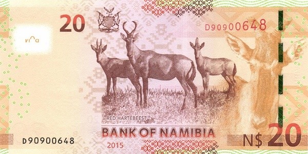 Намибия 20 долларов 2015 г «Стадо красных оленей»  UNC 