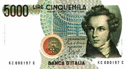 Италия 5000 лир 1985 г «Портрет В.Беллини» UNC