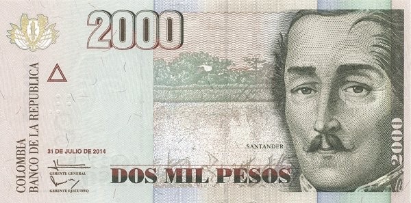Колумбия 2000 песо 2014 г  Франсиско де Паула Сантандер  UNC