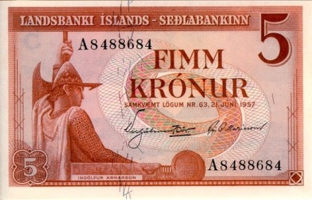 Исландия. Ингольф Арнарсон, первый поселенец в Исландии  5 крон 1957 г. UNC 
