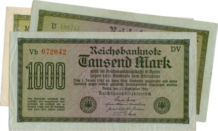 Германия 1000 марок 1922 г. 3 разновидности /Зелёные, коричневые и красные номера/