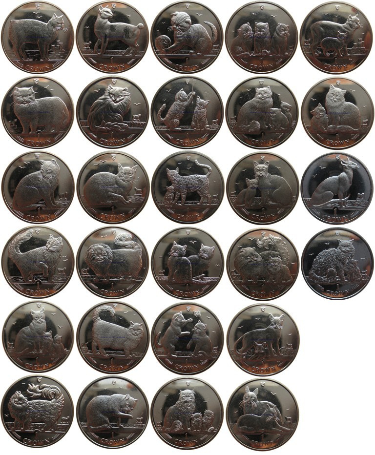 Остров Мэн «КОШКИ» Полный набор из 29 монет (1 крона) 1988-2016 г