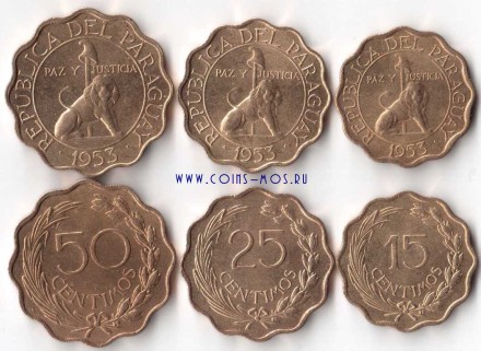 Парагвай Львы Набор из 3 монет 1953 г